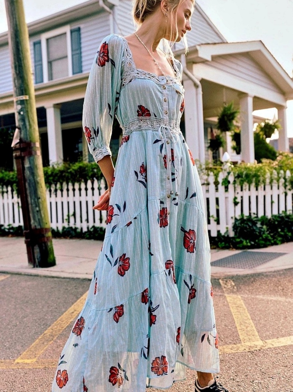 NWT Free People Morning Meadows Maxi Dress Pastel Blue Combo L $198
